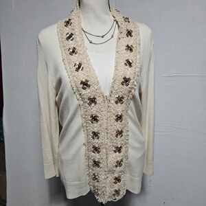 Boston Proper Cream Knit Embellished Cardigan With Beads, Size Med Eclectic Glam